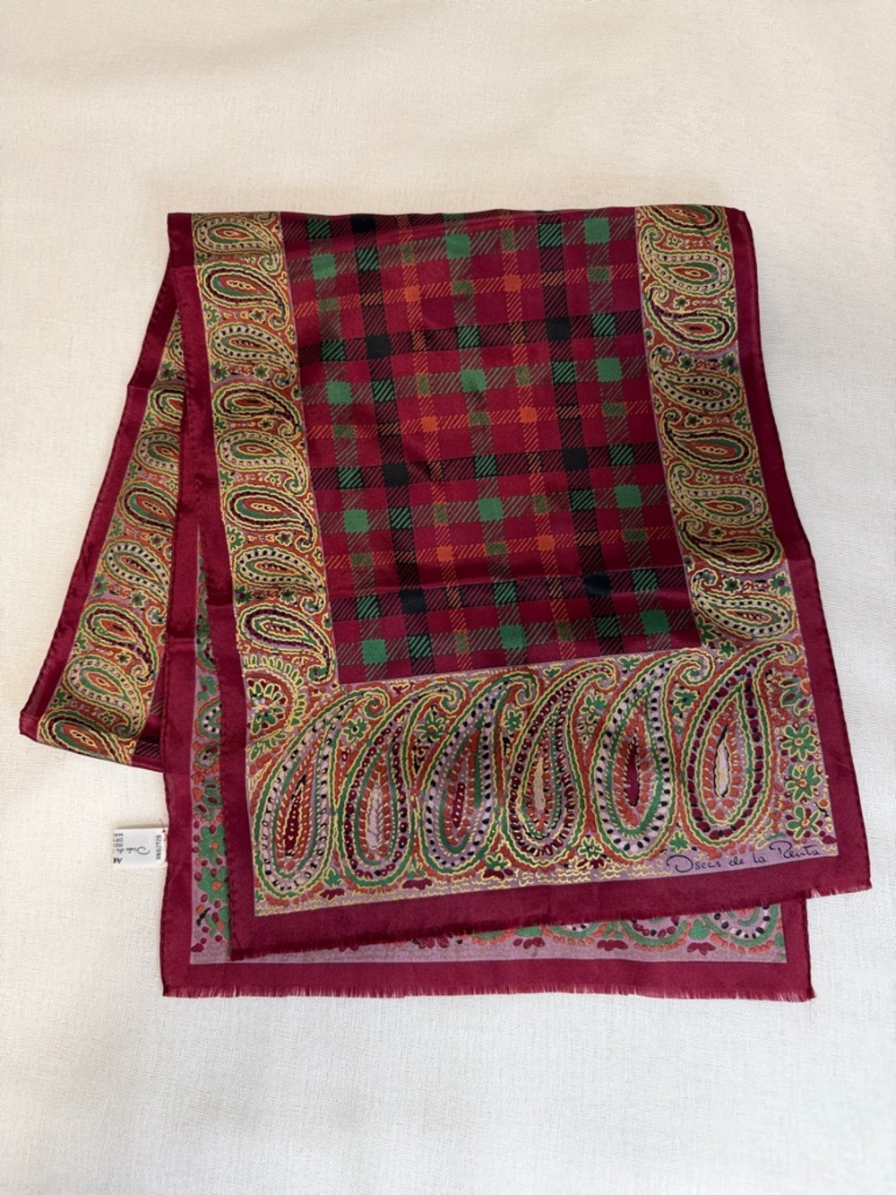Oscar de la Renta Burgundy Plaid & Paisley Silk Scarf Vintage